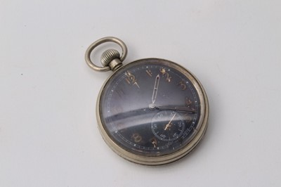 Lot 205 - Second World War Period open face pocket watch, with black dial, luminous Arabic numerals, minute, subsidiary seconds and button wind 7 jewel movement.