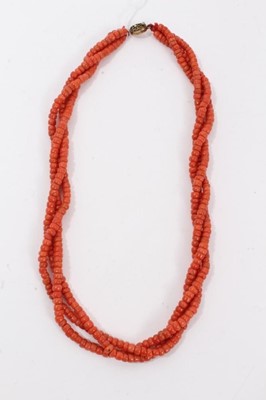 Lot 47 - Old Chinese coral three stand rope twist necklace with silver gilt clasp, 54cm long