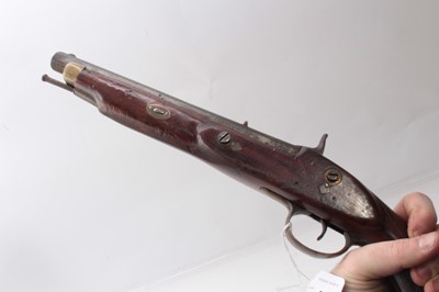 Lot 380 - 19th century Percussion trade pistol with engraved side lock, octagonal .577 bore barrel with walnut stock and brass mounts 44 cm overall