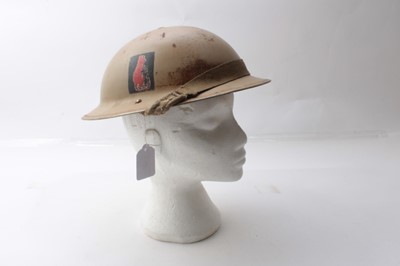 Lot 234 - Second World War British Military MKII Steel Helmet with desert camouflage painted finish and 8th Army Desert Rats formation badge to side, with chinstrap and liner.