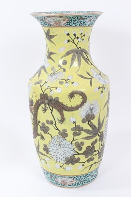 Lot 6 - Pair 19th century Chinese Dayazhai-style porcelain baluster vases, decorated with dragons amongst flowers, on a yellow ground, 35cm height