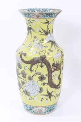 Lot 6 - Pair 19th century Chinese Dayazhai-style porcelain baluster vases, decorated with dragons amongst flowers, on a yellow ground, 35cm height