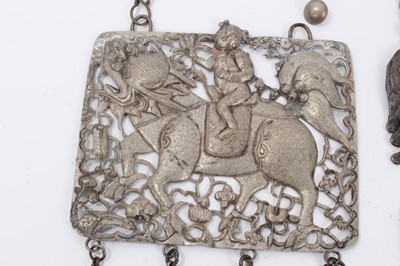 Lot 82 - Two Old Chinese white metal necklaces with embossed plaque depicting a figure on a dragon/horse