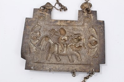 Lot 83 - Four Old Chinese white metal necklaces with embossed plaques depicting figures, dragons and flowers