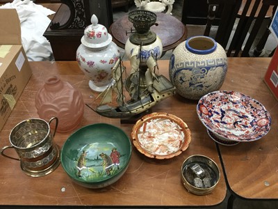 Lot 116 - Continental pottery jar, Victorian style advertising oil lamp, Doulton bowl, other ceramics