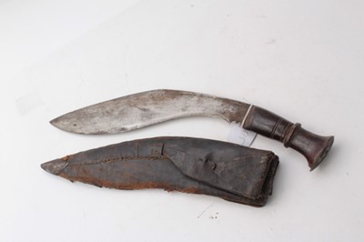 Lot 349 - Gurkha Kukri with steel blade, in brown leather covered sheath, 43cm overall, blade 29.5cm in length