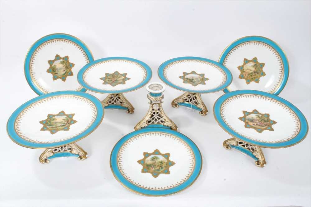 Lot 11 - 19th century English porcelain part dessert service, possibly Minton, decorated in the aesthetic style with central panels containing painted pastoral scenes, including five tazza and eleven plates...