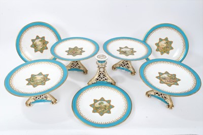 Lot 11 - 19th century English porcelain part dessert service, possibly Minton, decorated in the aesthetic style with central panels containing painted pastoral scenes, including five tazza and eleven plates...