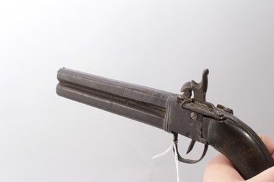 Lot 388 - 19th century percussion double barrelled over and under pistol with horn grips and Belgian percussion pocket pistol with brass frame