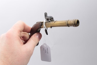 Lot 388 - 19th century percussion double barrelled over and under pistol with horn grips and Belgian percussion pocket pistol with brass frame