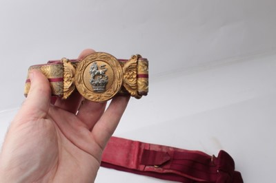 Lot 238 - Fine Victorian Staff Officers' dress belt with gilt brass and silver buckle, original red and gold bullion sash and crimson silk waistband (3)
