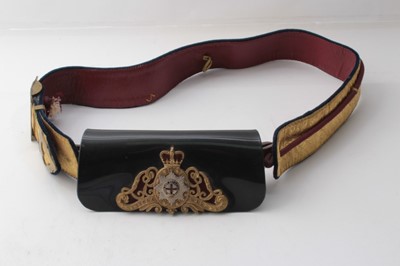 Lot 239 - Fine Elizabeth II Household Cavalry Officers' cross belt and pouch with silvered and ormolu pouch badge , gold bullion decoration and scarlet leather lining.