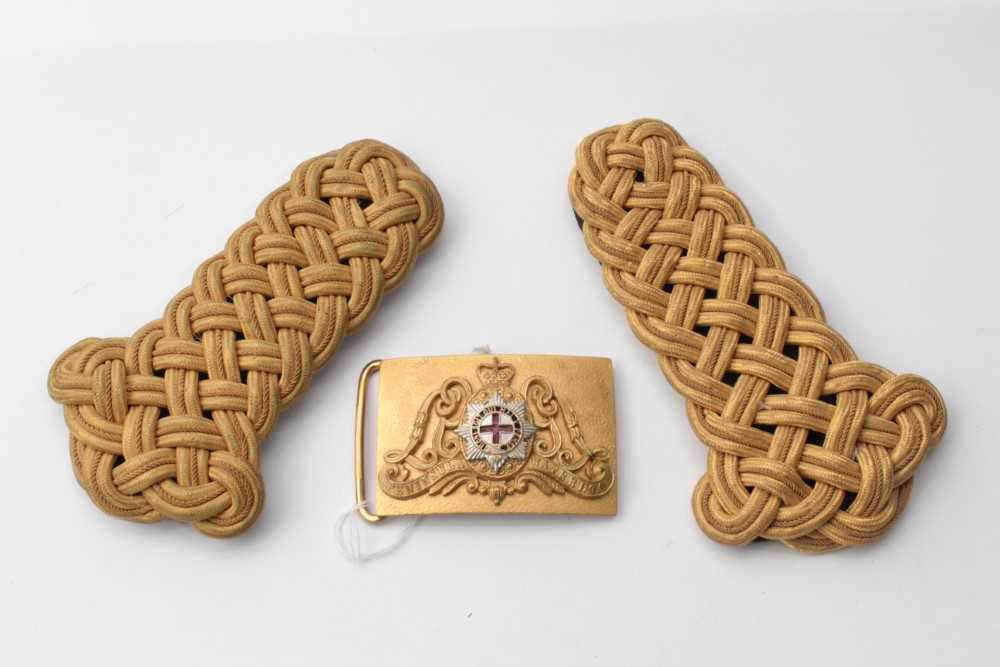 Lot 240 - Elizabeth II Household Cavalry Officers' dress belt buckle with silvered and enamelled ormolu badge and a pair of Officers' gold bullion epaulettes (3)