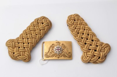 Lot 240 - Elizabeth II Household Cavalry Officers' dress belt buckle with silvered and enamelled ormolu badge and a pair of Officers' gold bullion epaulettes (3)