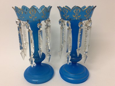 Lot 655 - Pair of 19th century blue glass lustres with cut glass prismatic drops