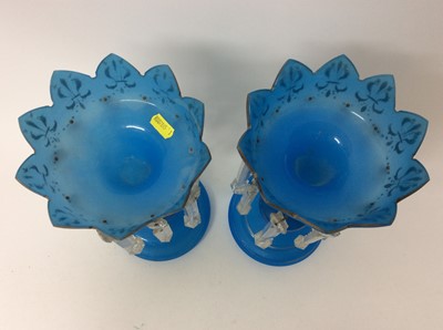 Lot 655 - Pair of 19th century blue glass lustres with cut glass prismatic drops