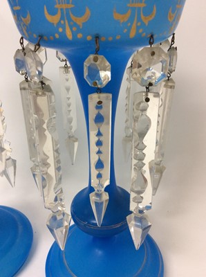 Lot 655 - Pair of 19th century blue glass lustres with cut glass prismatic drops