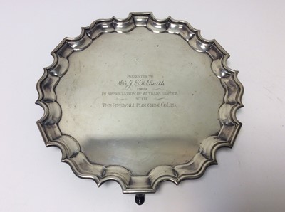 Lot 165 - George V Silver salver of circular form with piecrust borders and engraved presentation inscription ''Presented to Mr J.E.R. Smith 1969, in appreciation of 25 years service