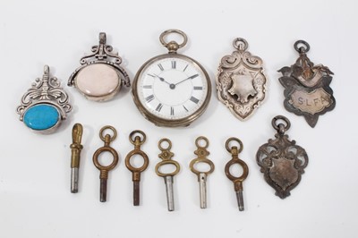 Lot 115 - Victorian silver cased fob watch, silver fobs and watch keys