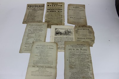 Lot 1184 - !8th Century Playbills - Small selection of Plays including satirical.  Performed in Bristol, London, Skipton.  Plus a 18th century poitical handbill relating to Mr Protheroe, the Corn-Bill, Friend...