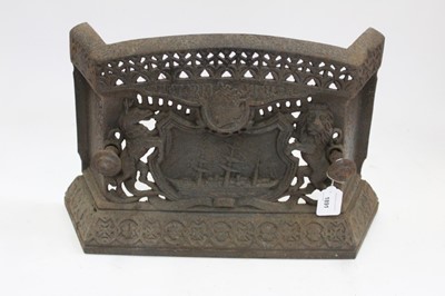 Lot 1891 - Cast iron fire grate front, c. 1887, decorated with a ship flanked by the Royal lion and unicorn, inscribed VICTORIA JUBILEE above with a portrait of the Queen, 47.5cm width