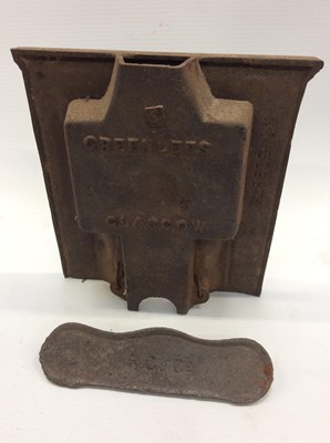 Lot 1895 - Three miniature Victorian ornamental cast iron fireplaces, a cast iron front plate, ash pan front and miniature front (6)