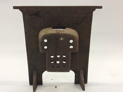 Lot 1895 - Three miniature Victorian ornamental cast iron fireplaces, a cast iron front plate, ash pan front and miniature front (6)