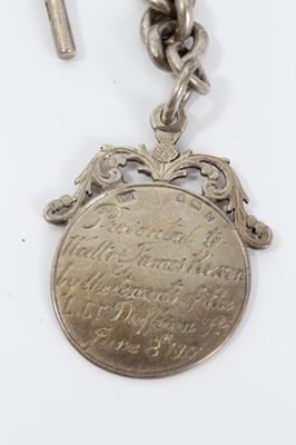 Lot 123 - Silver watch chain with engraved presentation silver fob
