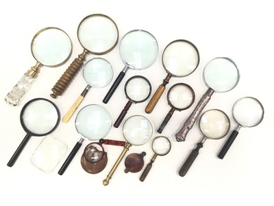 Lot 1912 - Box of antique and vintage magnifying glasses, including two silver-handled examples