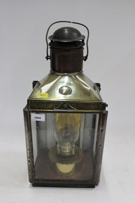 Lot 1994 - Large brass hanging oil lamp / lantern