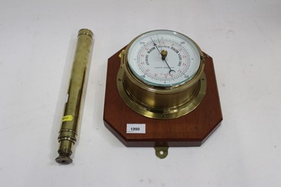 Lot 1990 - Brass ships barometer, pair of brass candlesticks, telescope and embroidery 'Marguerite' (5)