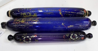 Lot 1922 - Three antique Bristol blue glass sailor's love token rolling pins, with painted decoration, one dedicated 'For My Sister'