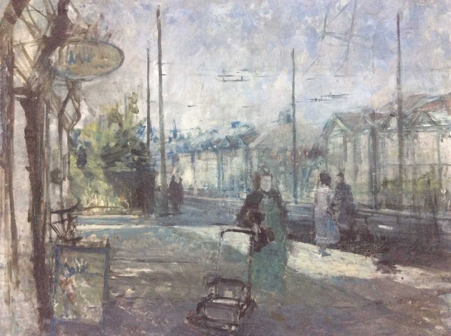 Lot 146 - Manner of Ken Cuthbert, oil on board - Street scene