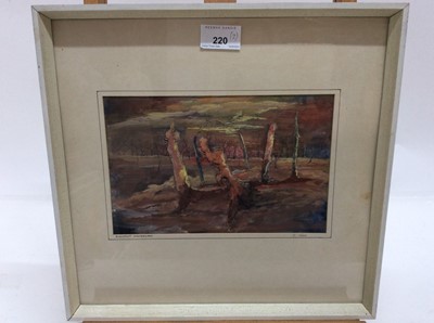 Lot 220 - F. Tuck watercolour and collage, burnt out landscape