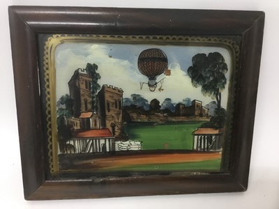 Lot 1955 - Unusual 19th century reverse painting on glass, featuring a hot air balloon