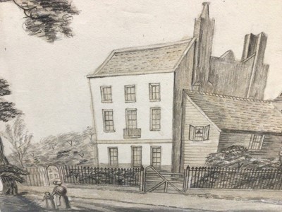 Lot 245 - Regency pencil sketch of a house, titled Church End  Finchley