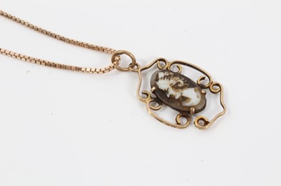 Lot 145 - 9ct gold green stone cocktail ring, 9ct gold mounted cameo pendant on 9ct gold chain and three other chains