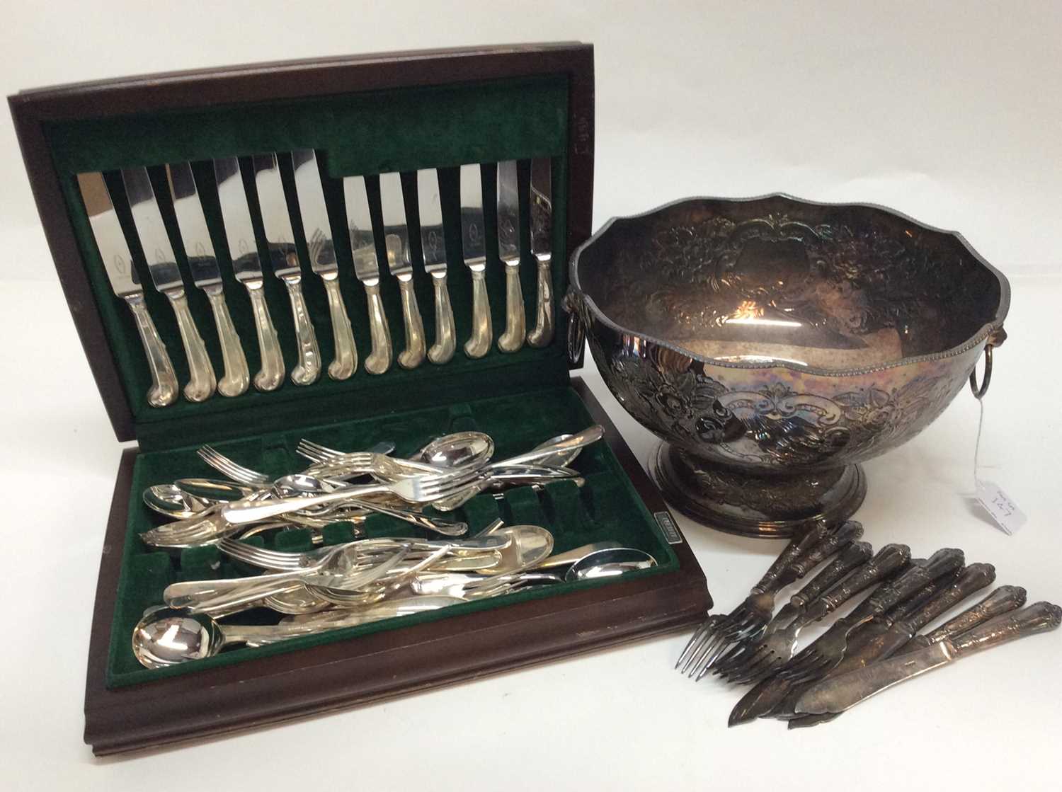 Lot 147 - Large silver plated punch bowl, canteen of cutlery and other flatware