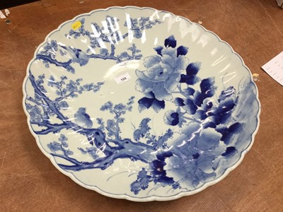 Lot 109 - Large Japanese Blue and white charger with prunus decoration