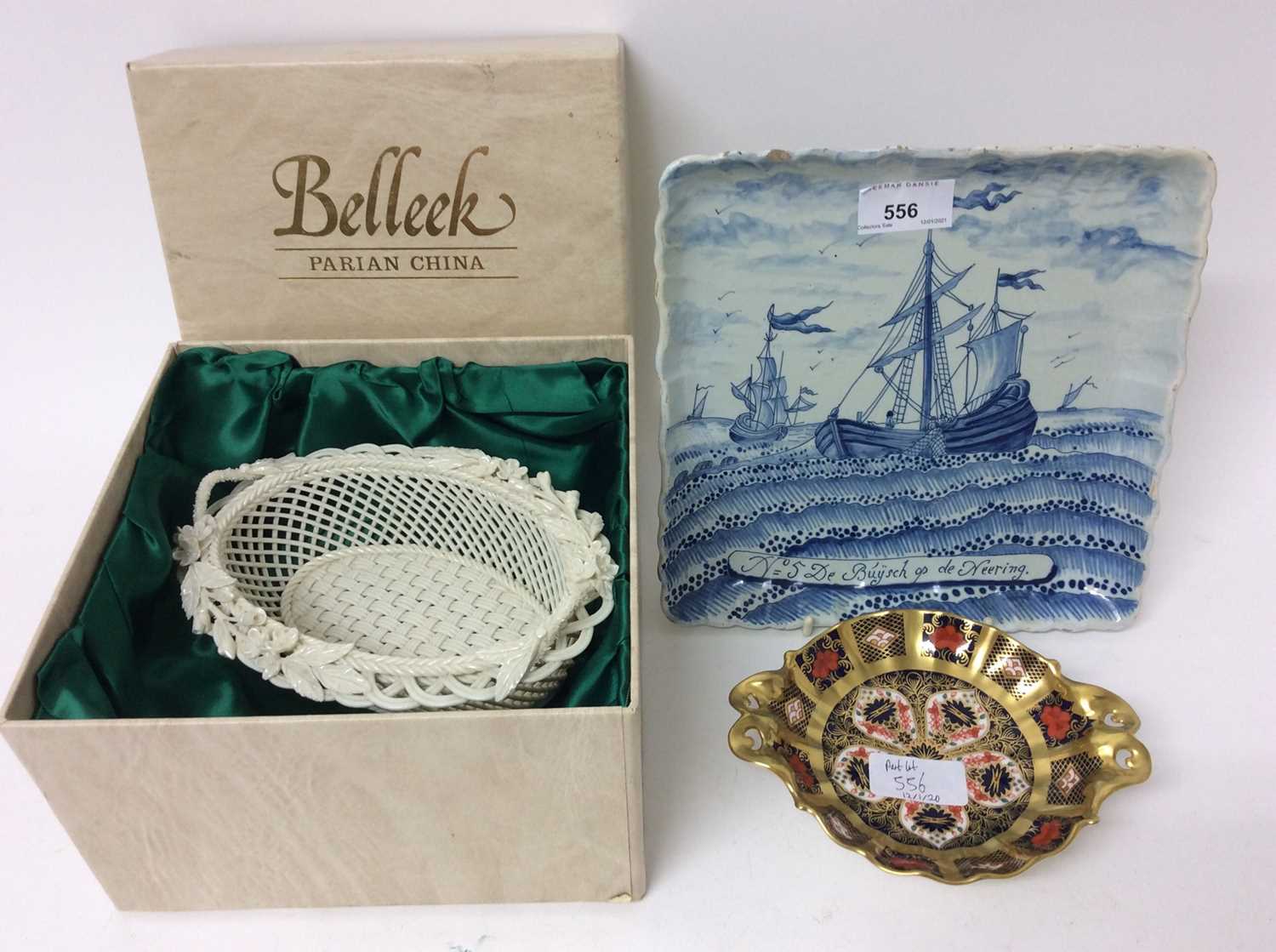 Lot 556 - Delft Dish decorated with boats together with a Royal Crown Derby dish and a Bellek dish