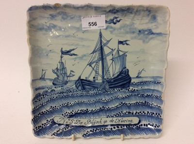 Lot 556 - Delft Dish decorated with boats together with a Royal Crown Derby dish and a Bellek dish