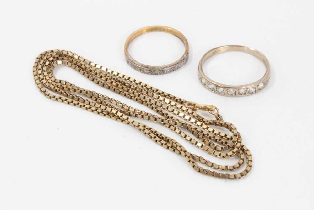 Lot 162 - 18ct gold synthetic white stone half eternity ring, one other ring and yellow metal chain