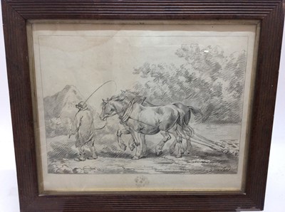 Lot 239 - After George Morland lithographic print, together with a 19th century oil on board landscape and 19th century watercolour of a landscape with church spire