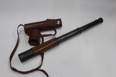 Lot 2048 - Leather cased three draw brass spotting scope