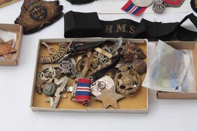 Lot 256 - Group of Second World War medals comprising 1939 - 1945 Star, France and Germany Star, Atlantic Star, Burma Star, War medal x2 and various cap badges and related items