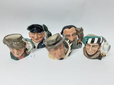 Lot 560 - Five Royal Doulton character jugs - Merlin D6536, The Poacher D6429, Lobster Man D6617, Jimmy Durante D6708 and The Falconer D6533