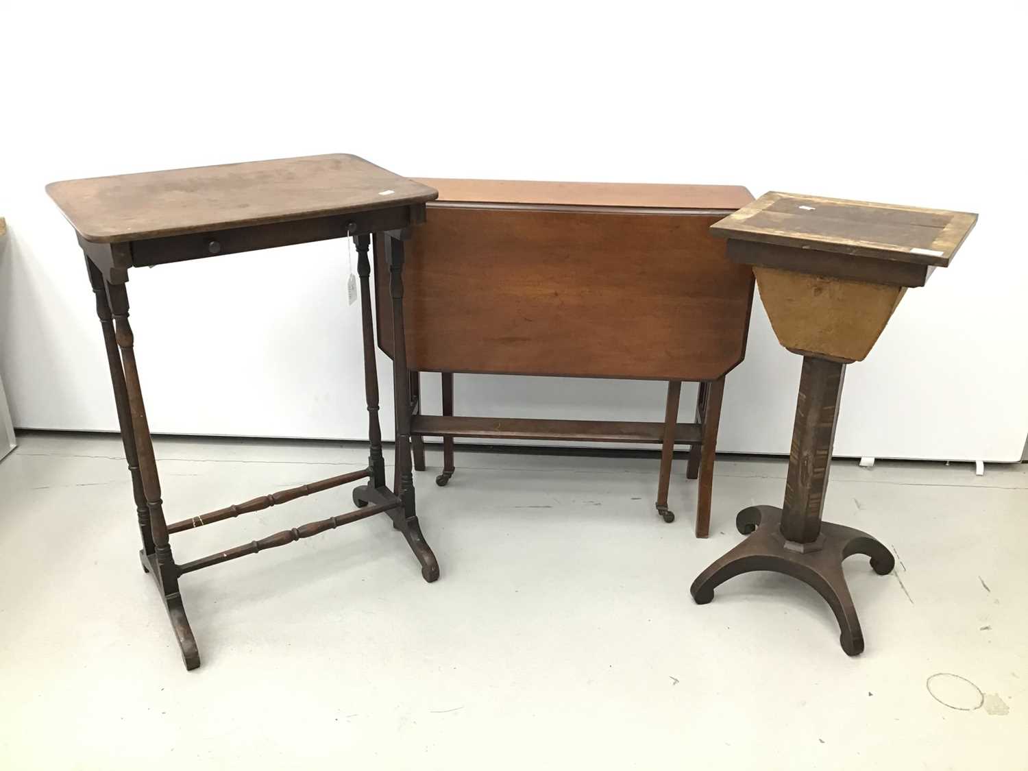Lot 14 - Regency coromandel inlaid work table, together with a 19th century single drawer side table, spoon back chair and an early 20th century drop leaf table