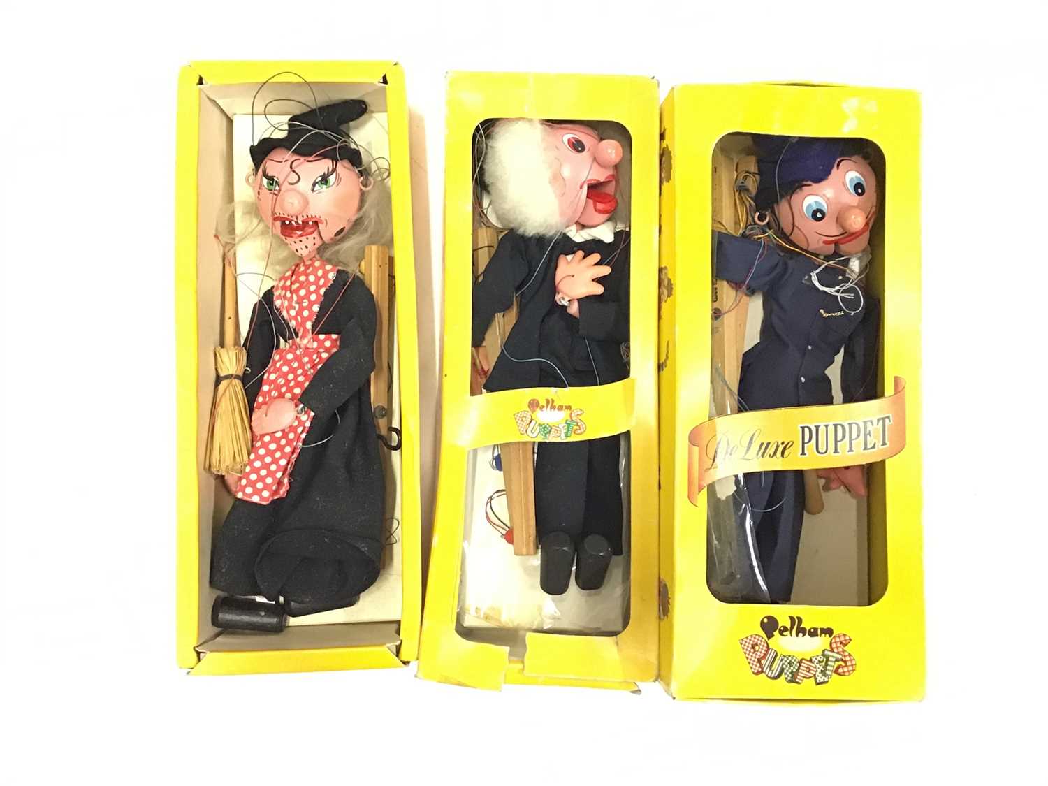 Lot 1538 - Three Pelham Puppets Policeman DL, Witch SM, and SM5 Schoolmaster.