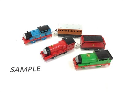 Lot 1541 - Golden bear, Thomas Train, Douglas and Donald plus tender, No.5 Train,Green train, Diesel train, two carriages and Caterpillar Vehicle. Also a selection of battery operated Tomy Thomas engines and...