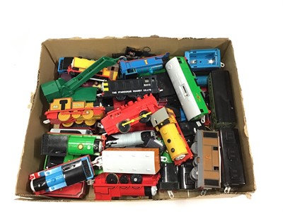 Lot 1541 - Golden bear, Thomas Train, Douglas and Donald plus tender, No.5 Train,Green train, Diesel train, two carriages and Caterpillar Vehicle. Also a selection of battery operated Tomy Thomas engines and...